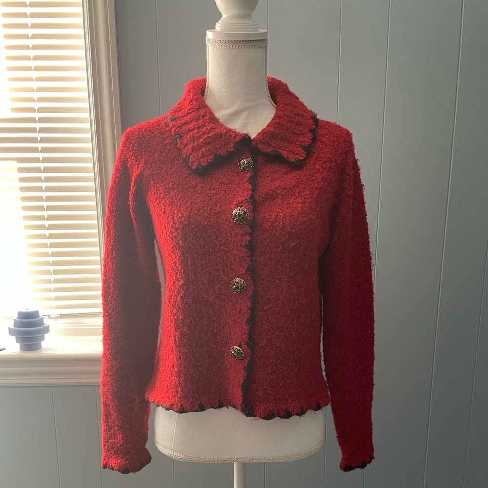Red knit cardigan with heart buttons 😍